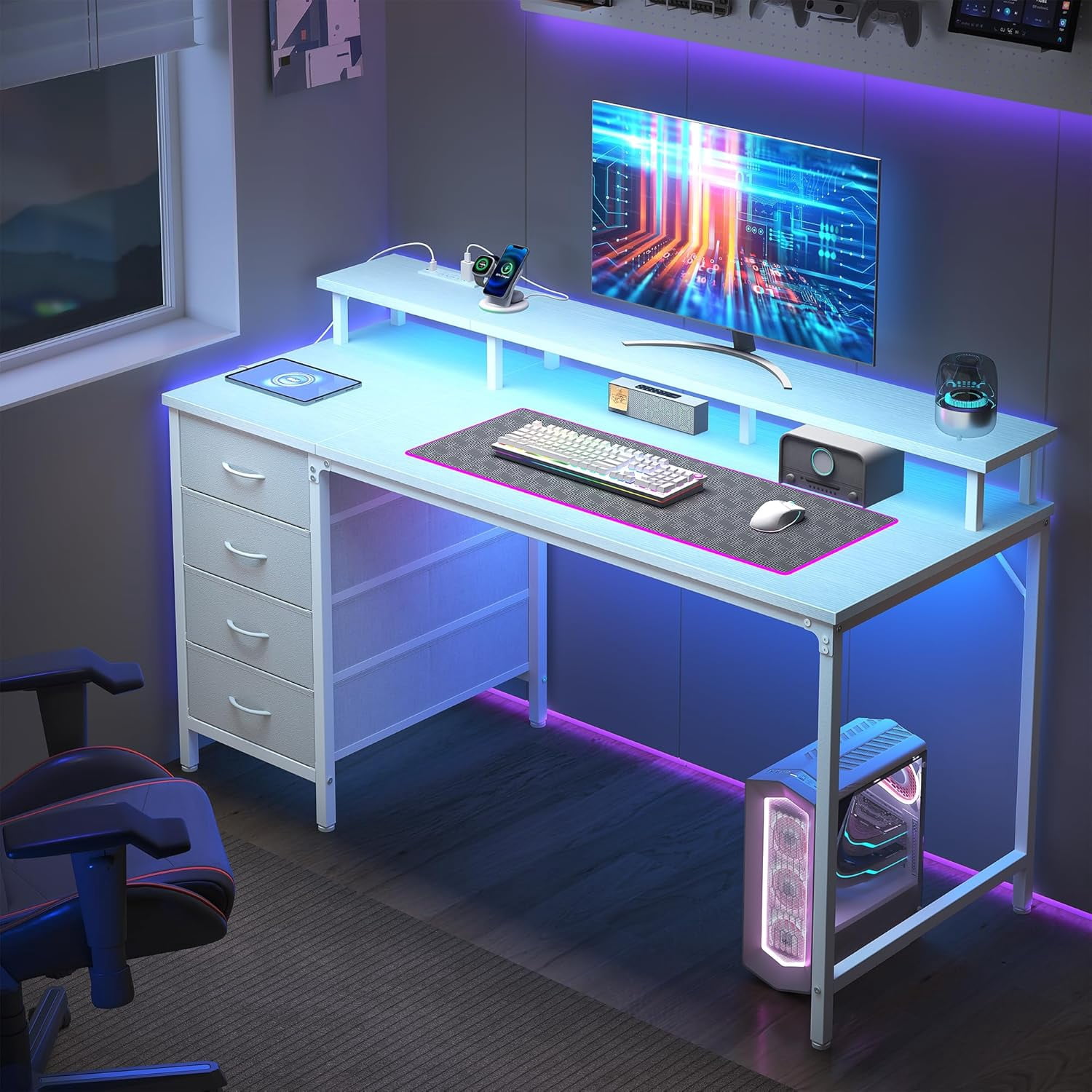 EDX 47 Inch Computer Desk with Power Outlets and LED Lights, Gaming Desk with 4 Drawers, Office Desk with Monitor Stand, Study Work Home Office, Small Spaces, White
