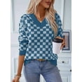 thumbnail image 4 of Women'S Cropped Plaid Sweater V-Neck Long Sleeve Crop Sweater Pullover Jumper Knit Top Blue M, 4 of 7