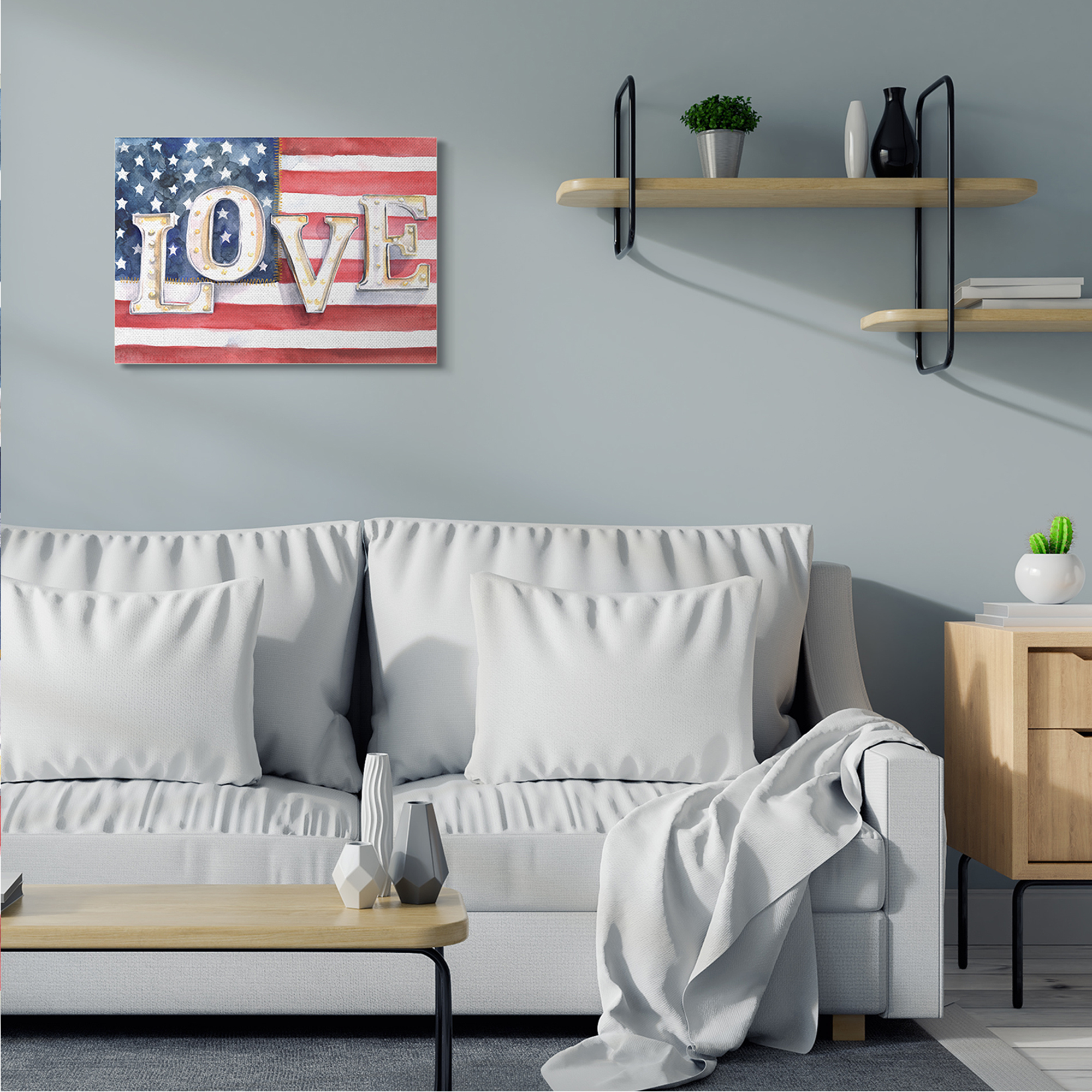 Stupell Industries Vintage Love Text Over Stitched American Flag Inspirational Painting Gallery Wrapped Canvas Art Print Wall Art, 24 x 30