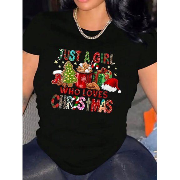 Just A Girl Who Loves Christmas Graphic Tee, Holiday Xmas Tree Hot Cocoa Casual Women's Short‑Sleeve Crew‑Neck Top