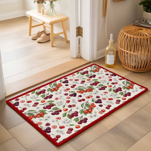 Entryway Rug 2'x3', Cherry Kitchen Runner Rugs Non-Slip Carpet Mats, Vintage Watercolor Purple Red Fruits on Linen Bedside Rugs Runners Washable Floor Carpet for Bathroom Laundry Room