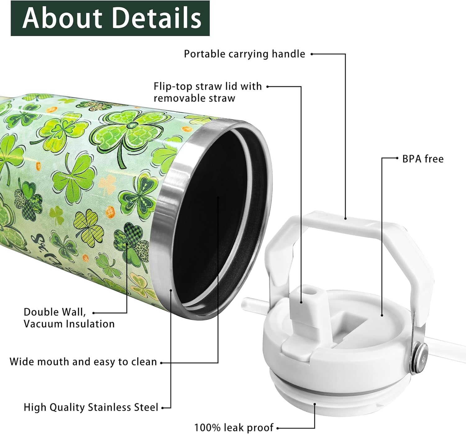 30 oz St. Patricks Day Tumbler with Straw Handle, Happy St. Patricks Day Shamrock Gifts for Women Men, Stainless Steel Insulated Water Bottle Coffee Cups for Home Office Travel