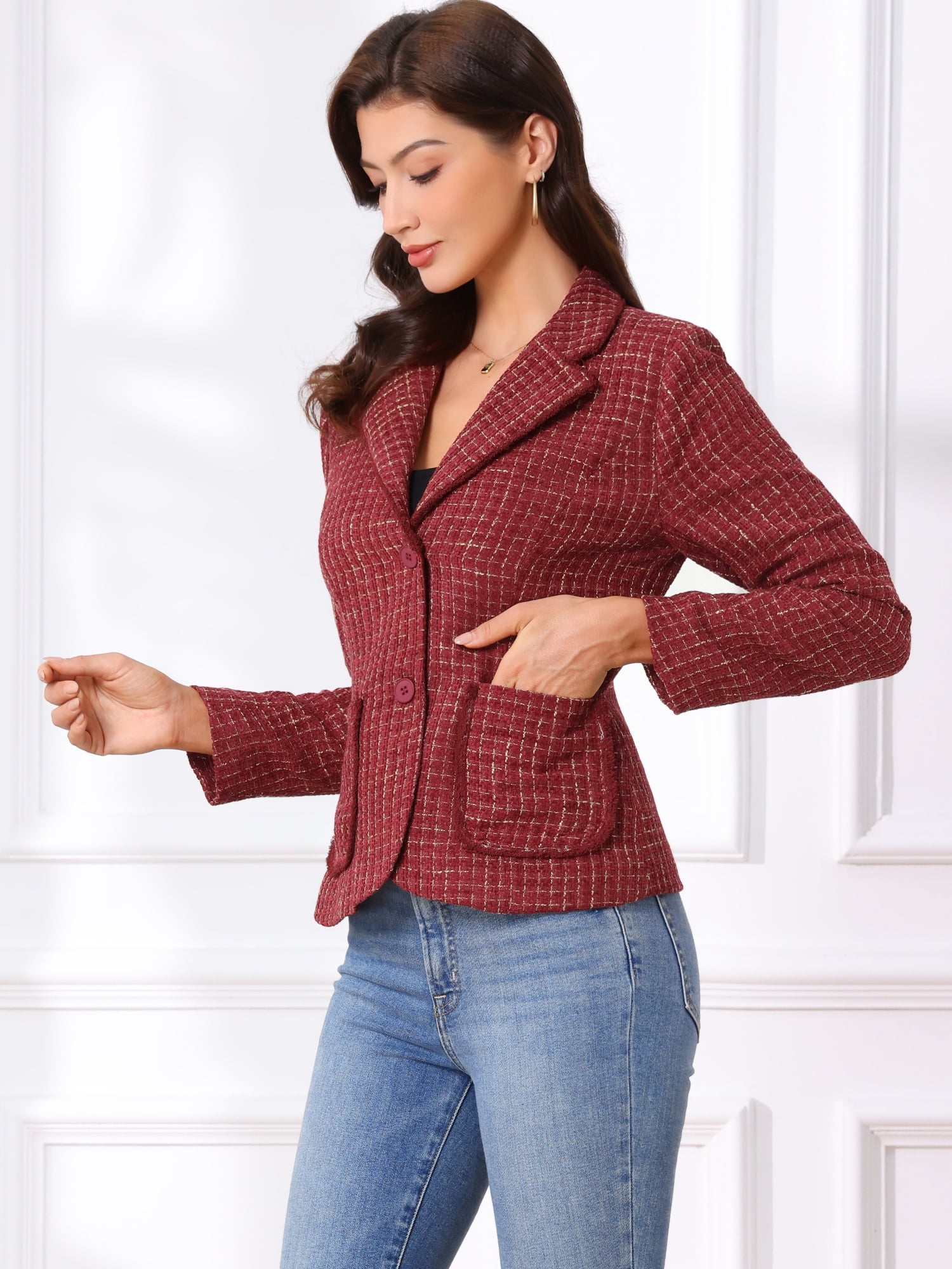 DARING DIVA Women's Notch Lapel Long Sleeve Elegant Business Casual Jacket S Dark Red