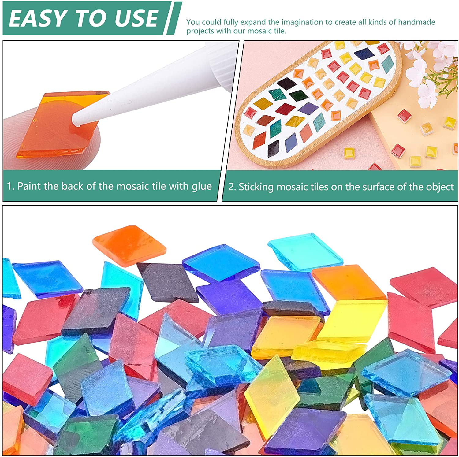 MonkeyJack Bulk Geometry Clear Glass Mosaic Tiles Pieces for DIY Hobbies Art Craft Material Accessories Multi Style to Choose 10mm x 10mm rhombus tangerine