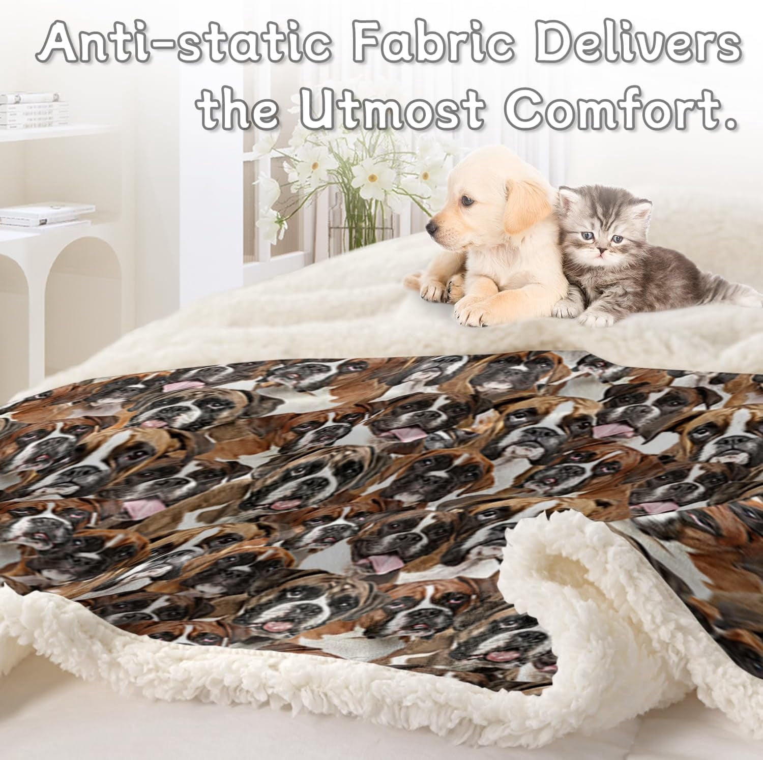 Boxer Blankets Super Soft Fuzzy Dogs Blanket for Kids Adults Cute Puppy Fleece Blanket Reversible Animal Brown Sherpa Throw Thick Lightweight Cozy Plush Blankets (White Boxer,Twin,60"x80")