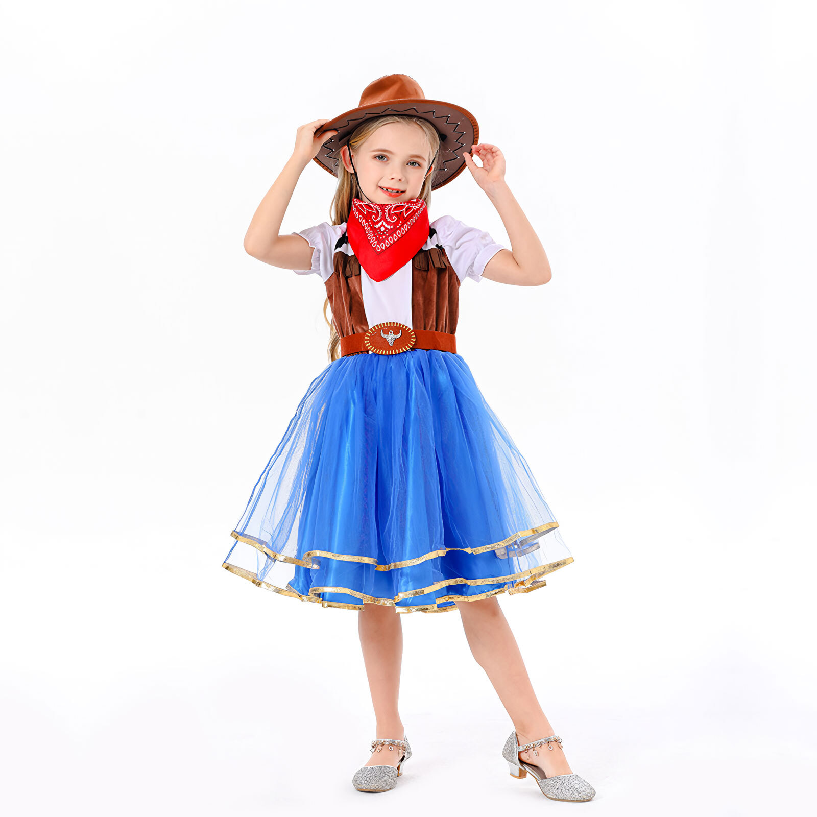 Déguisement Cowboy Enfant Fille - Ensemble Western Avec Jupe, Gilet, Bandana Et Chapeau