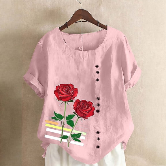 Vmvidoty 2026 Women's Spring And Summer Round Neck Rose Print Short Sleeve Casual Fashion Button T-Shirt Pink S