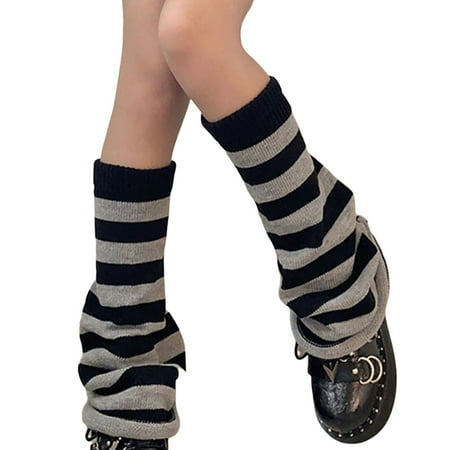 

1 Pair Piled Socks High Stretchy Knitting Stripe Stitching Long-term Wearing Keep Warm Contrast Color Women Knit Calf High Leg Warmers for Shopping Black