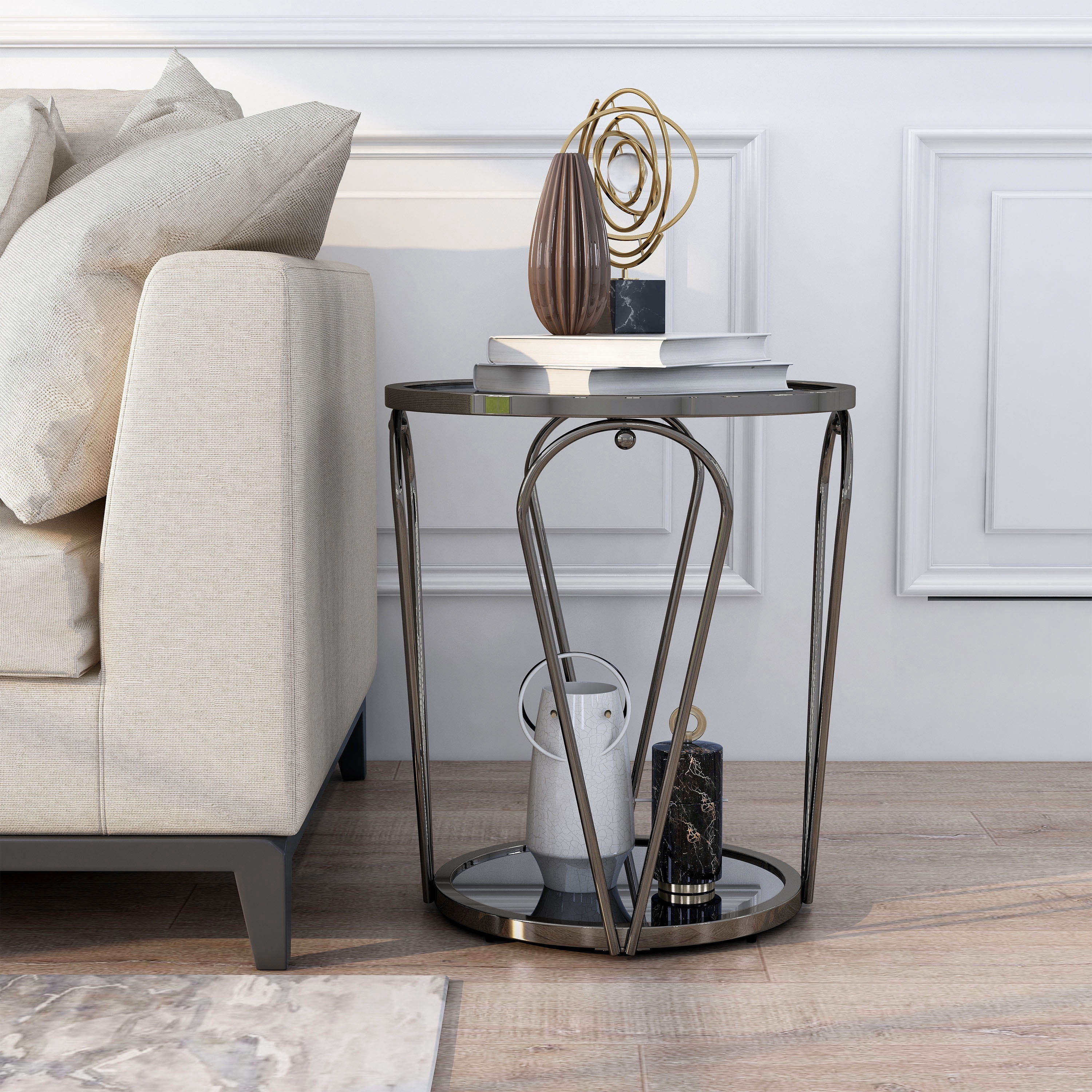 Furniture of America Ollis 1-Shelf Glass Top and Metal Black Nickel End Table