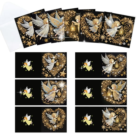 6pcs Diamond Painting Kit Greeting Cards Golden Heart Angel Theme 5D Handmade Art Birthday Holiday Gift Cards with Envelopes