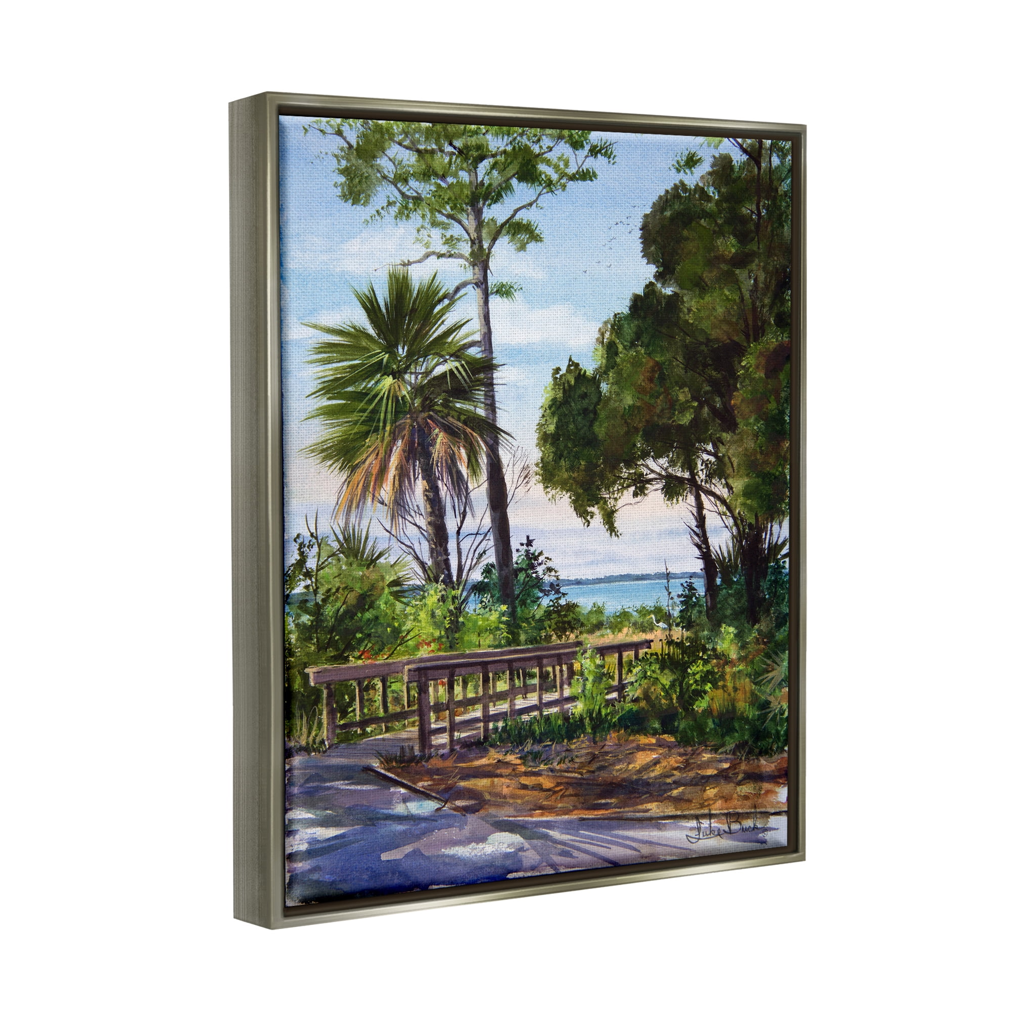 Stupell Industries Tropical Boardwalk Landscape Nature Painting Gray Floater Framed Art Print Wall Art, 17 x 21