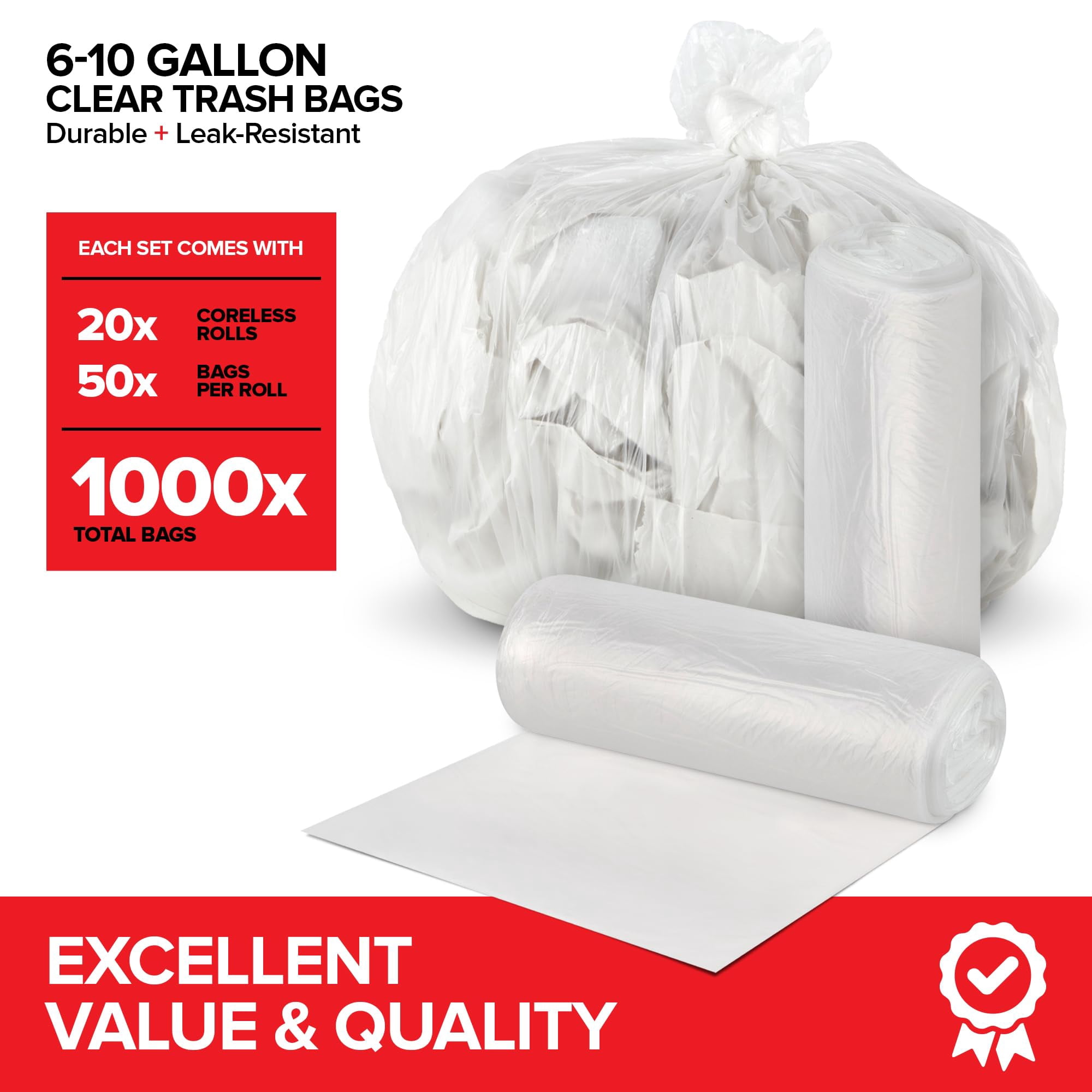 Stock Your Home Clear Trash Bags – 6-10 Gallon (1000 Pack) – Disposable Leak-Resistant Garbage Can Liners for Office, Bathroom, Deli, Produce, Dog Poop, Cat Litter