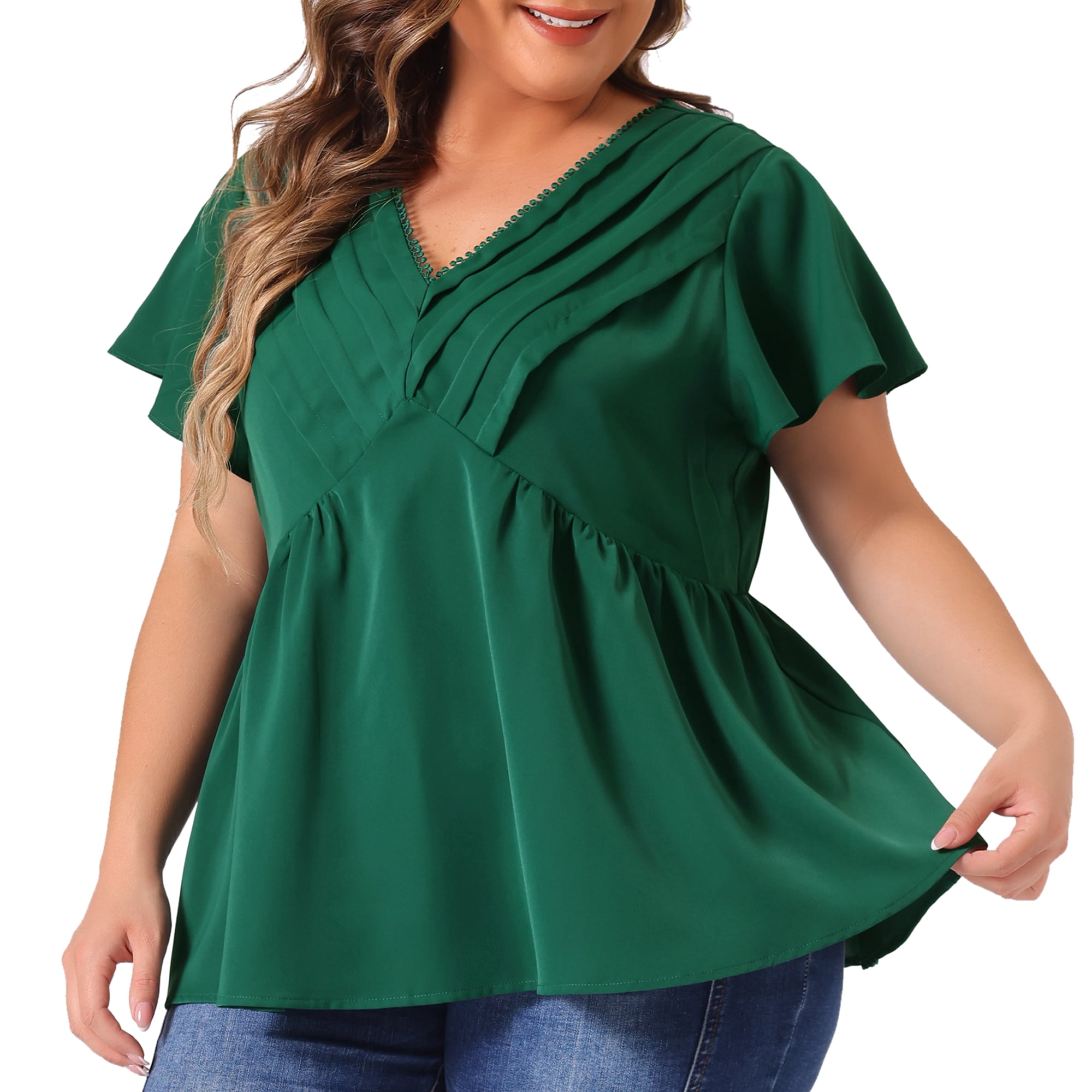 DARING DIVA Women's Plus Flare Sleeves V Neck Lace Front Peplum Blouse 3X Dark Green