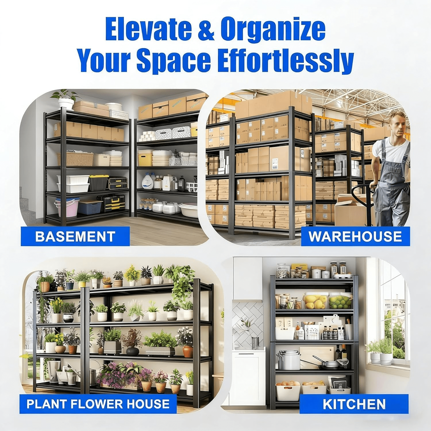 5-Tier Metal Bookshelf, 3000LBS Industrial Bookshelves, 72"H x 36"W Display Bookcase, Adjustable Bolt-Free Storage Shelves for Living Room, Bedroom, Garage, Kitchen, Black