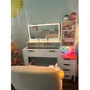 Large Fluted Vanity , Modern Style Makeup Vanity Desk with Lights and Mirrors for Bedroom (White)