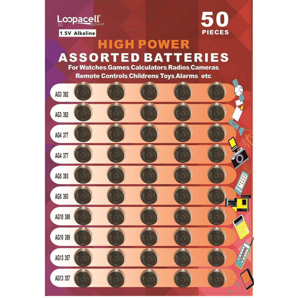 LOOPACELL High Power Alkaline Button Cell 1.5V Batteries, Assorted, 50 Pieces