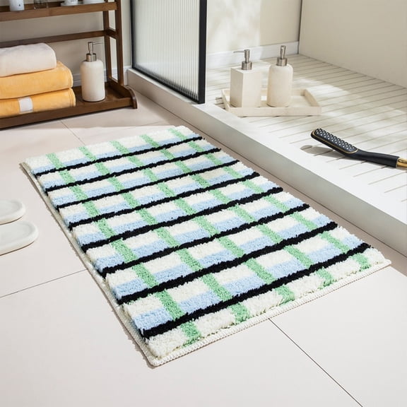 Btomtd Checkered Pattern Floor Mat with Soft Touch, Absorbent Bath Mat and Non-Slip Rug for Bathroom Entrance, Living Room Carpet Machine Washable, 24 x 16 Inches, Blue