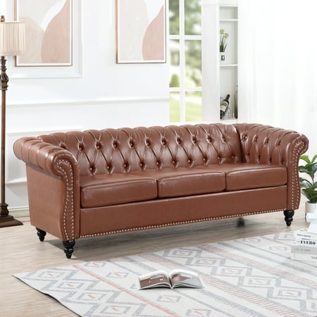 84.65" Brown PU Leather Chesterfield Sofa - 3 Seater, Rolled Arms, Deep Button Tufting, Birch Legs - Living Room Furniture, USA TB117 Compliant
