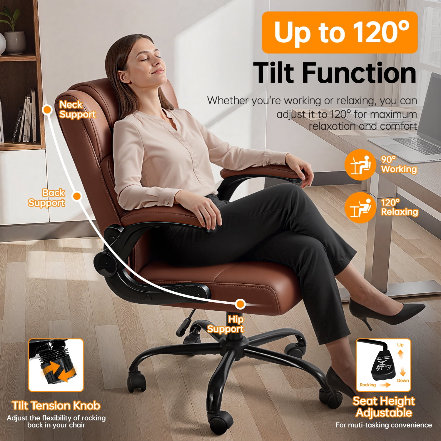 Waleaf Leather Office Chair,Wide Seat Small Computer Desk Chair Ergonomic Mid-Back Executive Chair with Back Support for Short People,Brown