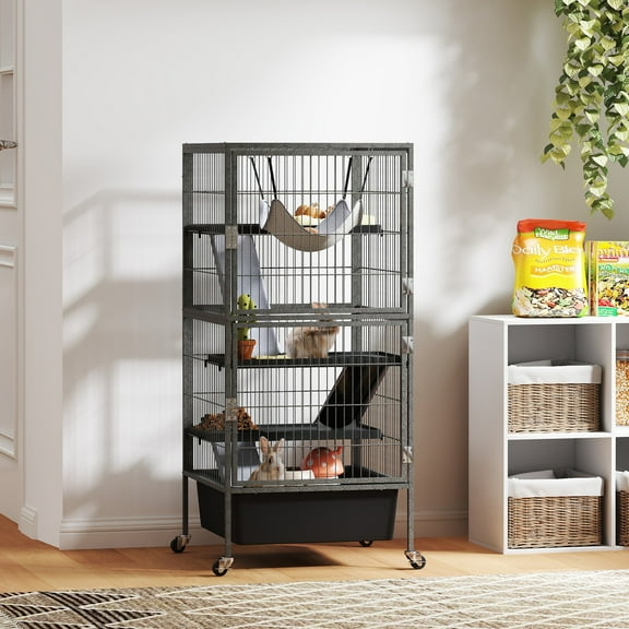 GETHFS Small Animal Cage, 4-Tier Rolling Ferret Cage with Platforms, Ramps, Hammock & Slide-out Tray, Indoor Bunny Chinchilla Squirrel Habitat, Gray