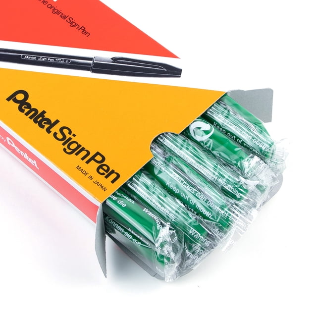 Bolígrafo Pentel Sign Pen con punta de fibra y tinta verde, paquete de 12