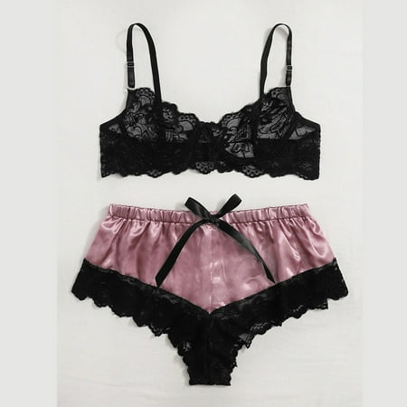 

Gubotare Lingerie For Women Kinky Women s Self Knot Front Teddy Lingerie One Piece Floral Lace Bodysuit Pink XL