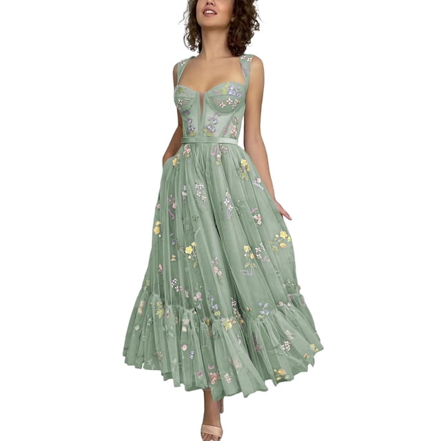 Vestido de fiesta Loyeloy bordado con flores de tul hasta el té, corte en A