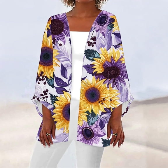 Aboser Women's Floral Print Kimono Cardigan Boho Floral Beach Cover Up Plus Size Puff Sleeve Cardigans Lightweight Casual Summer Cardigan Loose Open Front Blouse Tops Purple XXXL
