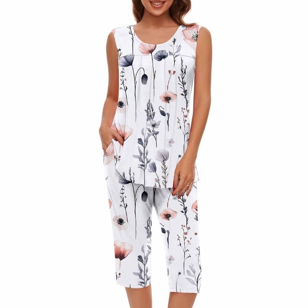 Conjunto de Verano para las Mujeres Impreso Cuello Redondo sin Mangas Y Pantalones, Casual Dos Piezas para las Mujeres
