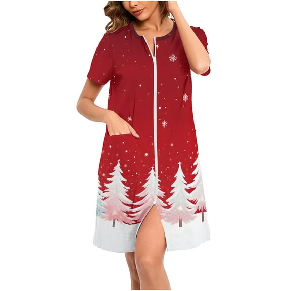 FAWUUDO Christmas Robes for Women Zipper Front House Coat Xmas Tree Bells Print Nightgown Loungewear with Pockets