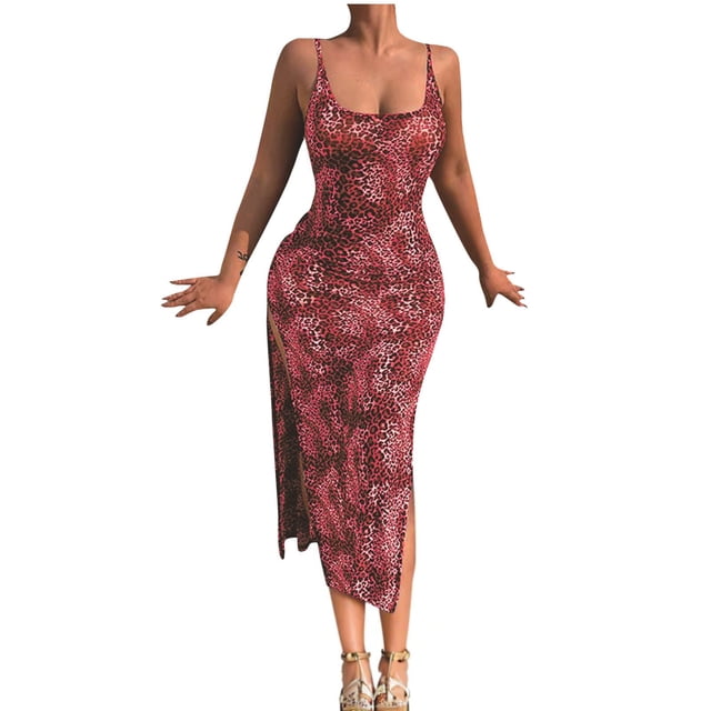 Vestido de Verano para las Mujeres, Vestido Largo Delgado Cuello Redondo sin Mangas de Impresión de Leopardo Sexy Hecho de Poliéster Ligero, Vestido Sexy para las Mujeres