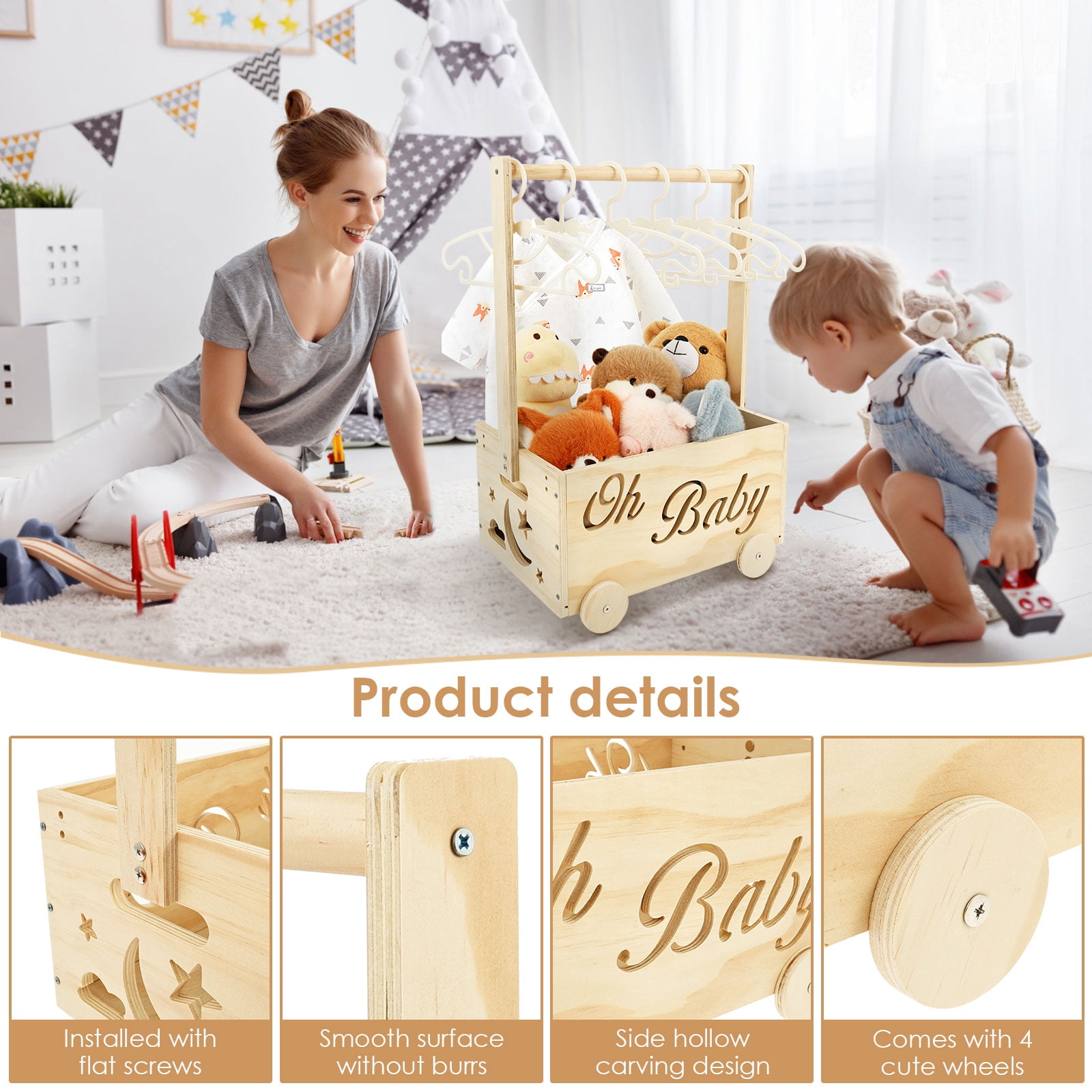 Wooden Baby Shower Crate Closet with Wheels Creative DIY Baby Shower Present Basket with 6 Hangers for Clothes Toys