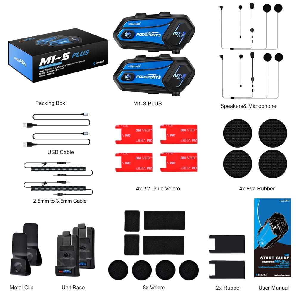 Fodsports M1-S Plus Motorcycle Helmet Bluetooth Intercom Headset with FM Radio for 8 Riders 2000m Communication 2 Pack Blue