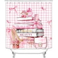thumbnail image 2 of 4PCS Fashion Shower Curtain Sets With Rugs, Black White Striped Shower Curtain, Girly Magazine Books Pink Floral Peony Leopard Print High Heels Champagne Perfume Lipstick Modern Bathroom Decor, 2 of 7