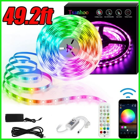 

Ledander 49.2ft LED Strip Light 5050 RGB Music Sync Color Changing 28 Modes Dimmable Tapes Light with Remote Control& APP Cotrol