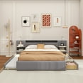 thumbnail image 2 of Queen Size Upholstered Platform Bed with Reading Lights, Drawers, Trundle and Shelves, Gray, 2 of 20