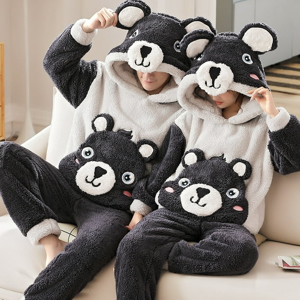 Pijama grande de terciopelo coral grueso para hombre y mujer, traje de otoño e invierno de franela con bordado de dibujos animados, traje de casa para hombre y mujer.