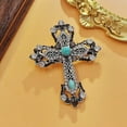 thumbnail image 6 of Victorian Vintage Turquoise Accent Silver Metal Filigree Cross Brooch Pin Religious Jewelry, 6 of 8