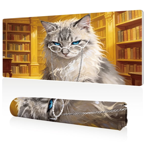 LIVEKEY XL Mouse Pad 80x40x0.3cm Scholarly Cat in Library Design Full Desk Coverage Non Slip Surface Durable Easy Clean Stitched Edges for Gaming and Office