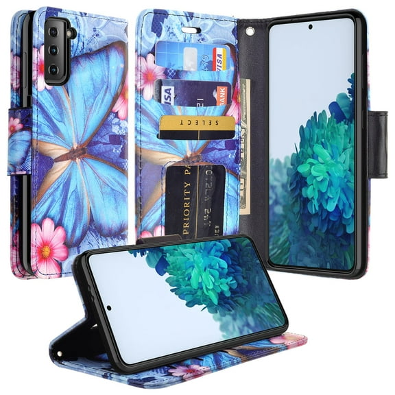 Case for Samsung Galaxy S21 Ultra Leather Flip Pouch Wallet Case Cover Folio [Kickstand] for Girls Women Phone Cases for Samsung Galaxy S21 Ultra Case - Blue Butterfly