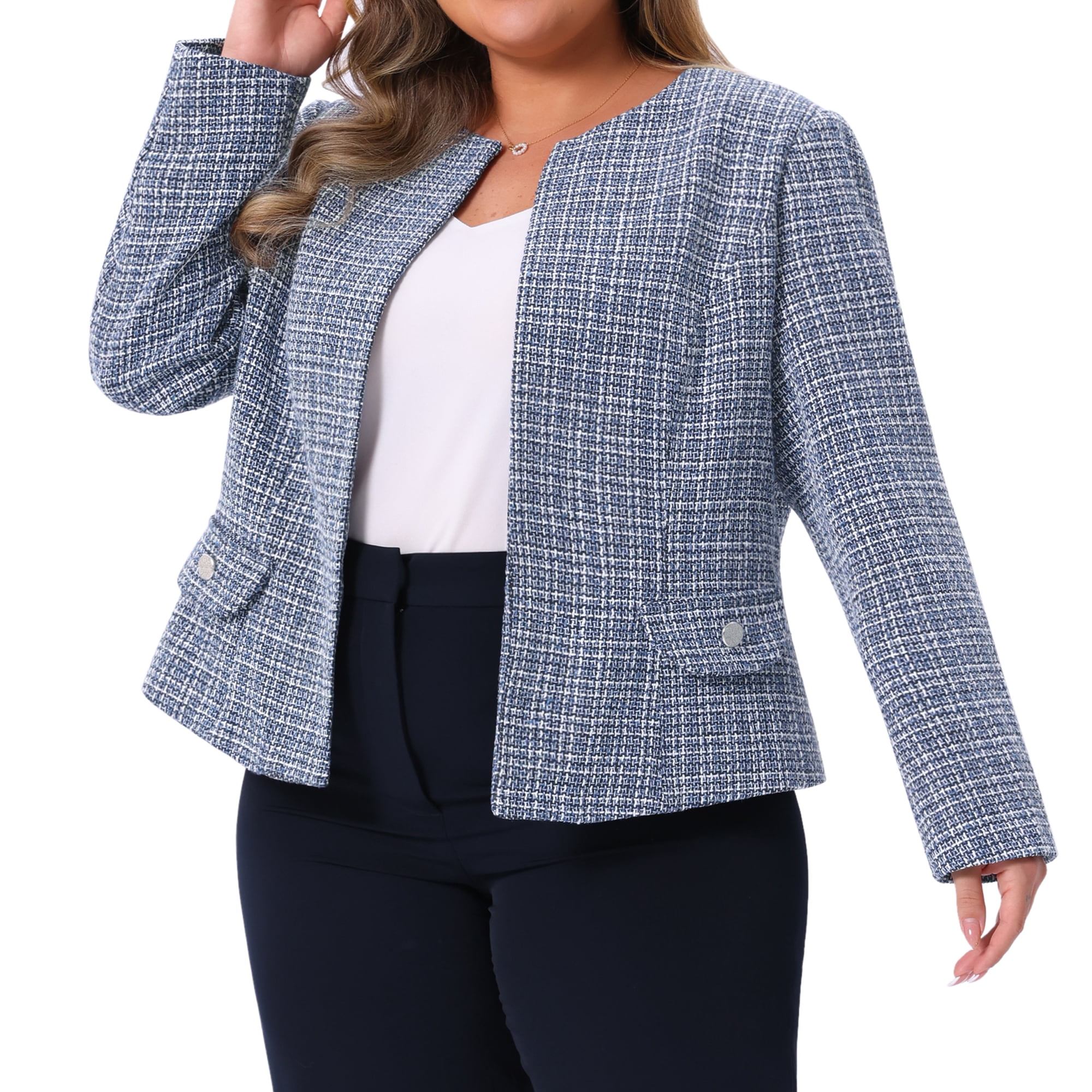 DARING DIVA Women's Plus Size Blazer Collarless Long Sleeve Open Front Jacket 3X Blue
