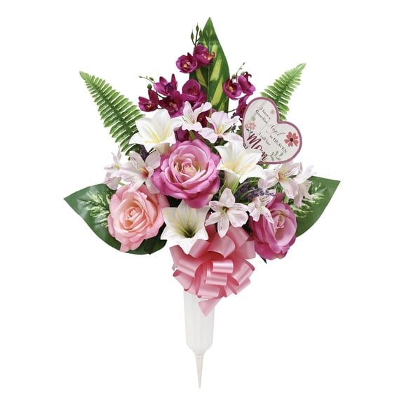 26-inch Artificial Silk Pink & White Rose Mixed Cemetery Extra Large Round Vase with Sign, for Indoor/Outdoor Use, by Mainstays