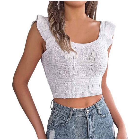 Summer Tops for Women Solid Color Square Neckline With Wooden Ear Edge Sleeveless Knitted Shirt With Navel Top Pocket Short Ski Long Sleeve Winter Scrub Top Women Long Sleeve Fall White M