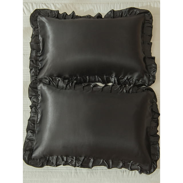 MOVE OVER Black Ruffle Pillowcases Queen, Silky Satin Pillow Cover Set of 2, Luxury Satin Ruffle Pattern, 2 Pack