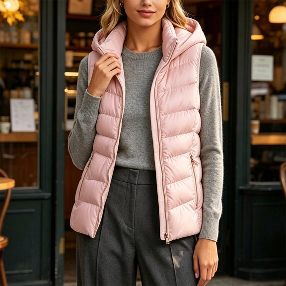 Bzdzmqm Womens Plus Size Hooded Zip Up Vest Warm Casual CoverUp Outwear Fall Winter Basic Jacket for Women Outdoor Daily Wear, Pink L
