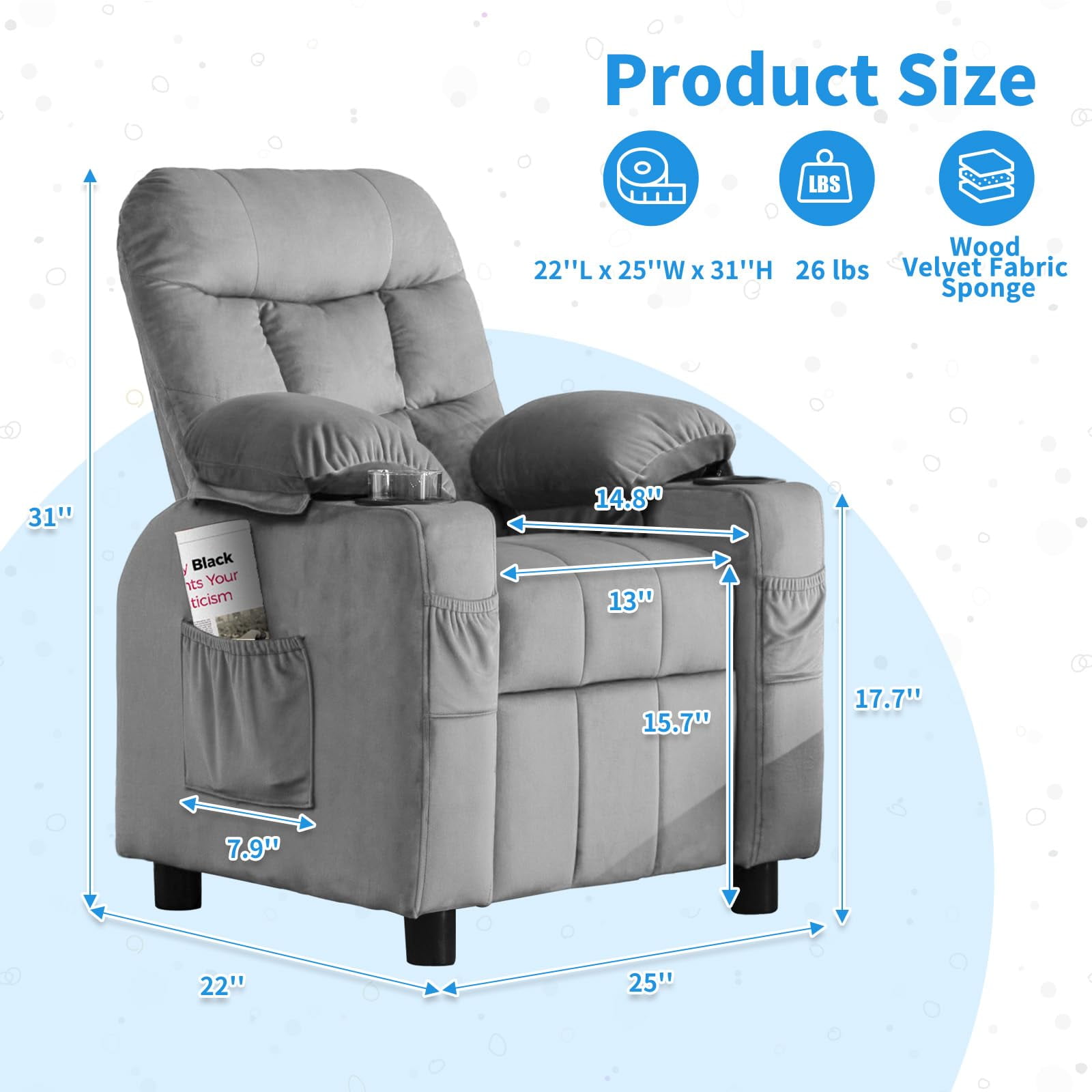 Linor Kids Recliner Chair, Modern Velvet Lounge with Cup Holder, Footrest, Side Pockets, Gray