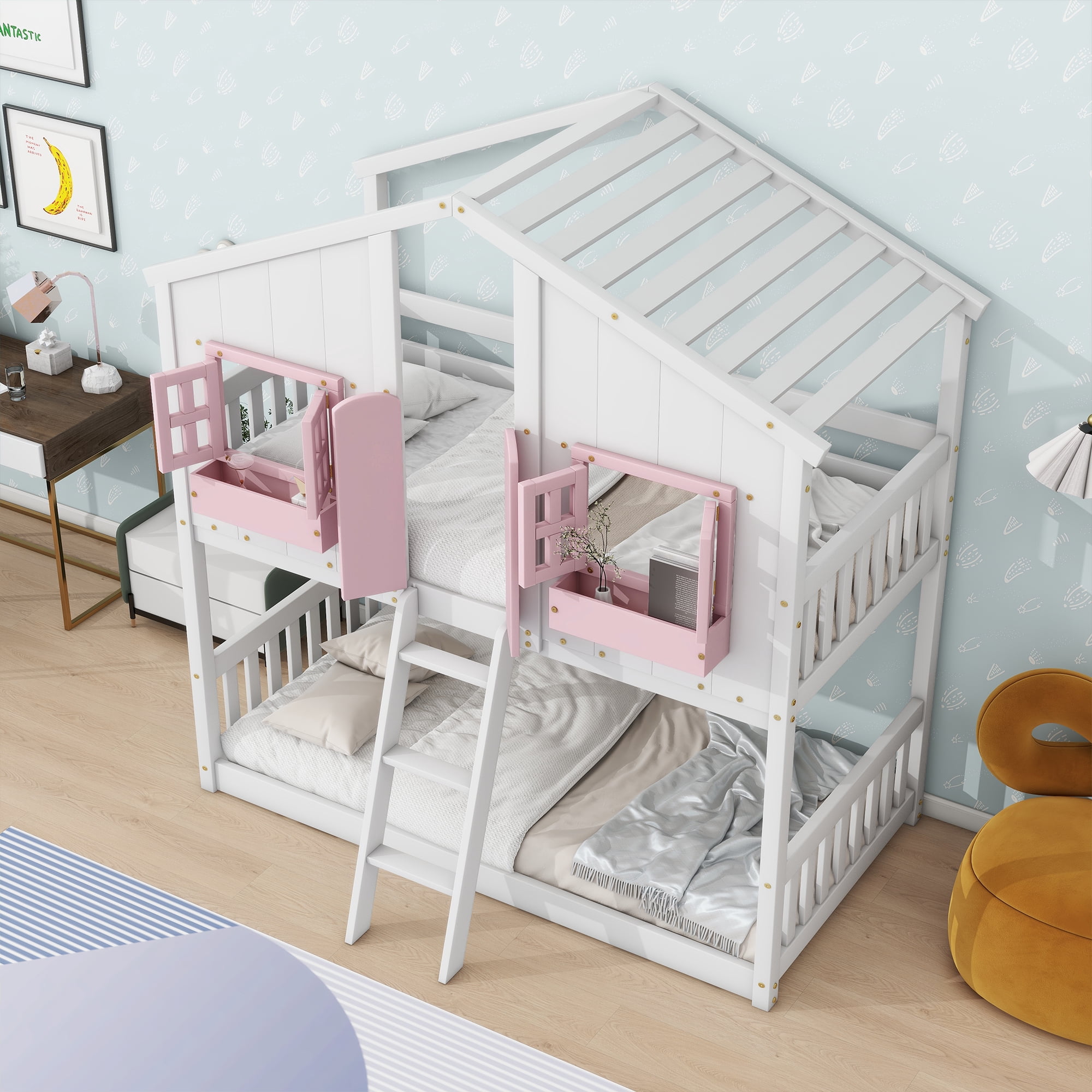 Sailvan Twin over Twin House Bunk Bed with Roof and Window, Low Height Safety Design Pink&White