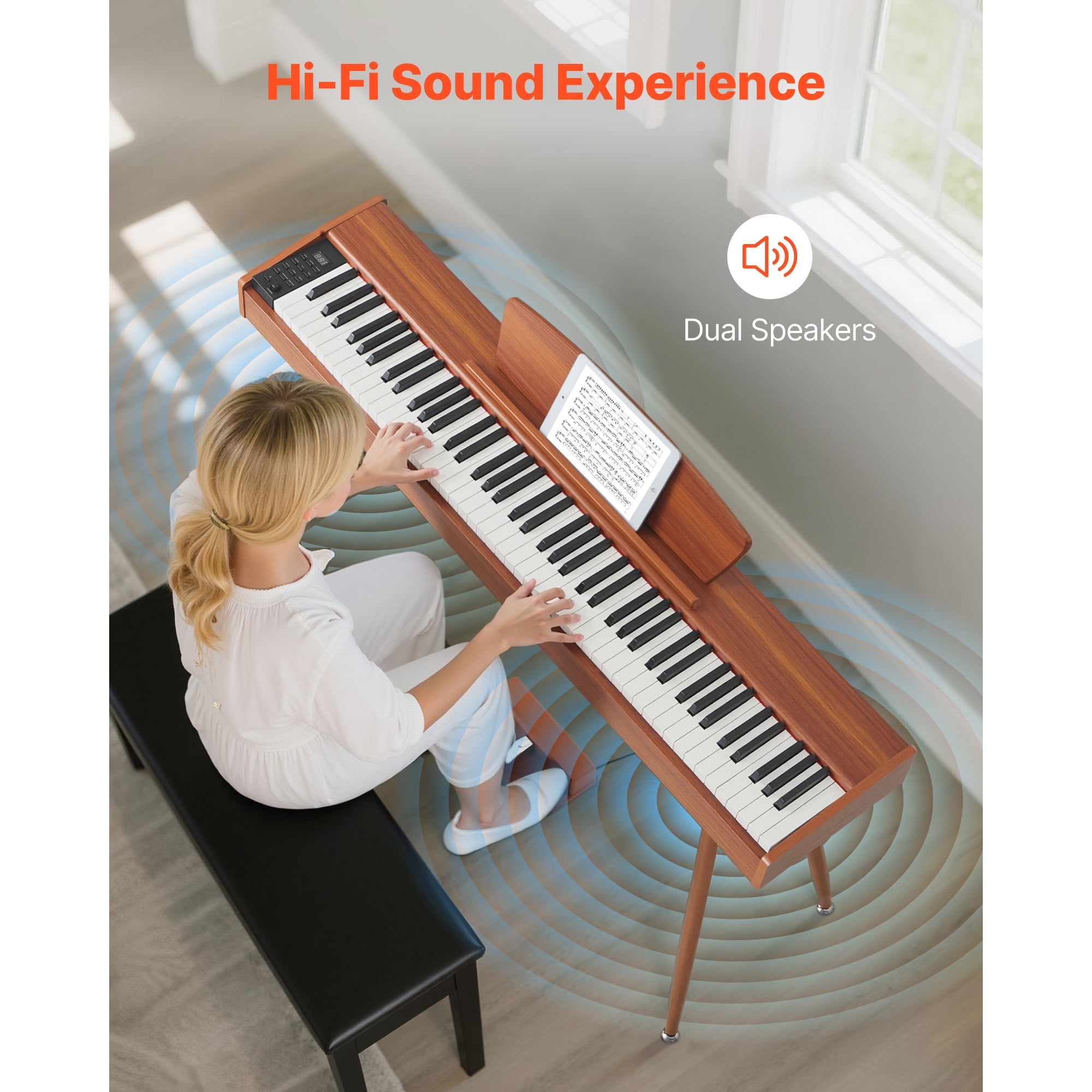 KFFKFF 88-Key Fully Weighted Digital Piano, Electric Keyboard with Music Stand, Triple Pedal, Power Adapter, 280 Tones, Wireless Connectivity, Ideal for Beginners, Wooden Finish