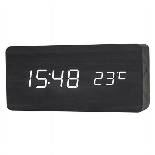 Digital Alarm Clock Wood USB/Battery Thermometer LED Display for Home Office Decor Kids - White