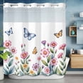 thumbnail image 6 of No Hook Shower Curtains with Snap-in Liner Set, Pink Flowers Waterproof Hotel Style Bathroom Shower Curtain, Spring Floral Butterfly Leaves Plants Pastoral Breathable Mesh Top Bath Curtains 72''x78'', 6 of 9